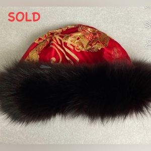 SOLD Vintage Tibetan Handmade Fur Trim Hat Red/Gold